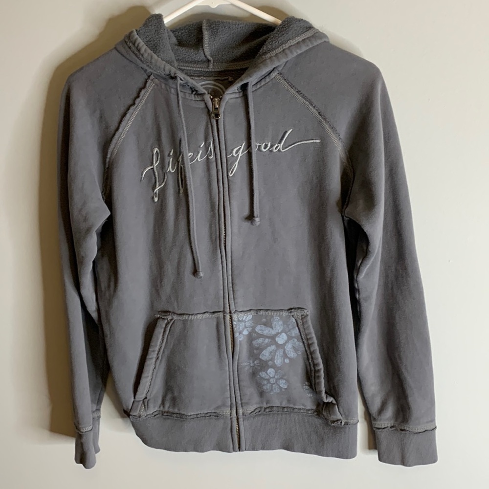 Life is Good Women’s hoodie, Size small, some cracking on pocket flowers